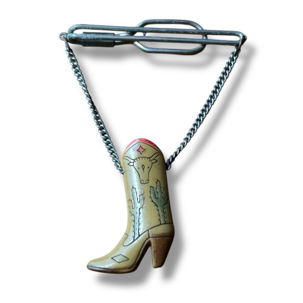 Vintage Etched Celluloid Cowboy Boot Tie Clip with Chain